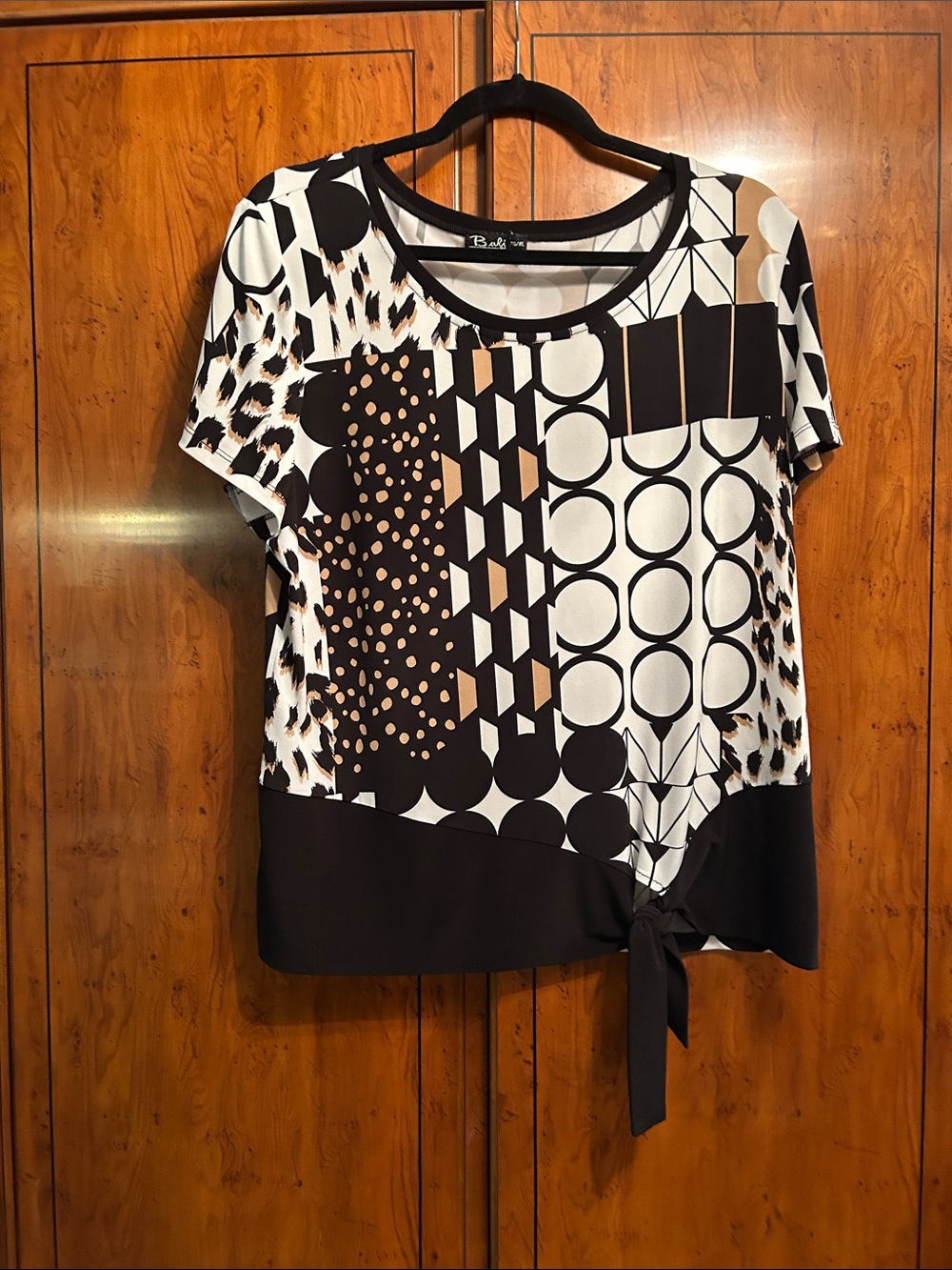Tie-Hem Geo & Animal-Print Blouse in Black, White & Tan